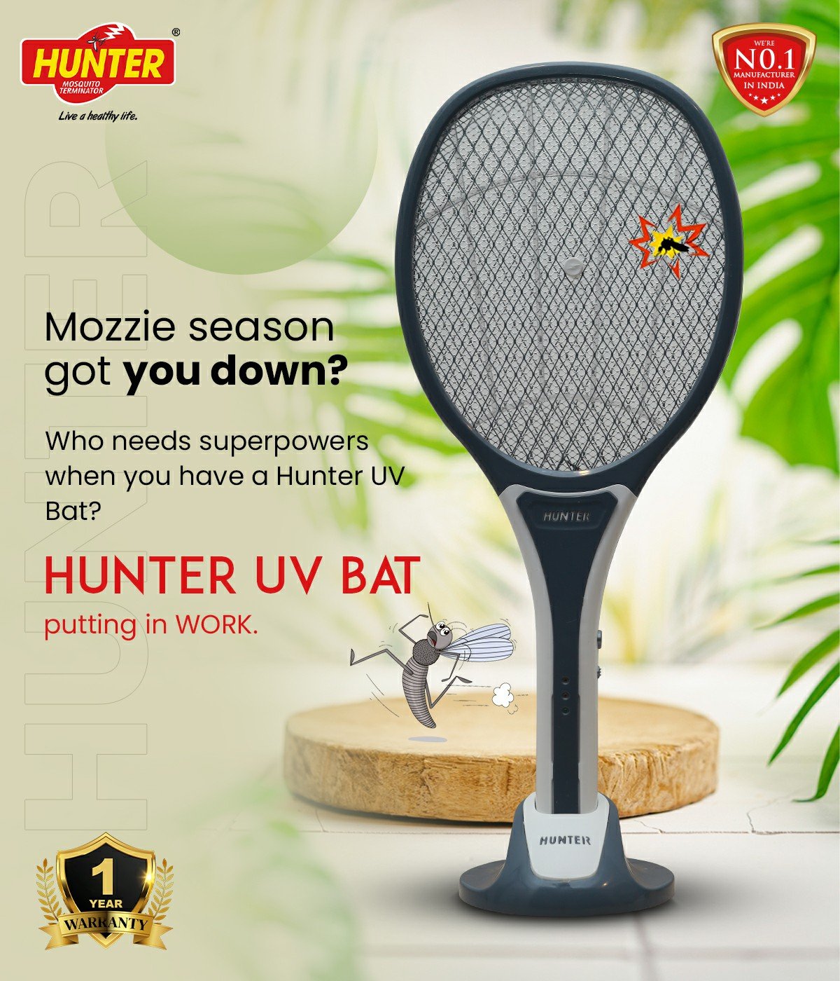 Hunter Pro-Premium Rechargeable Mosquito Bat (Black with White)