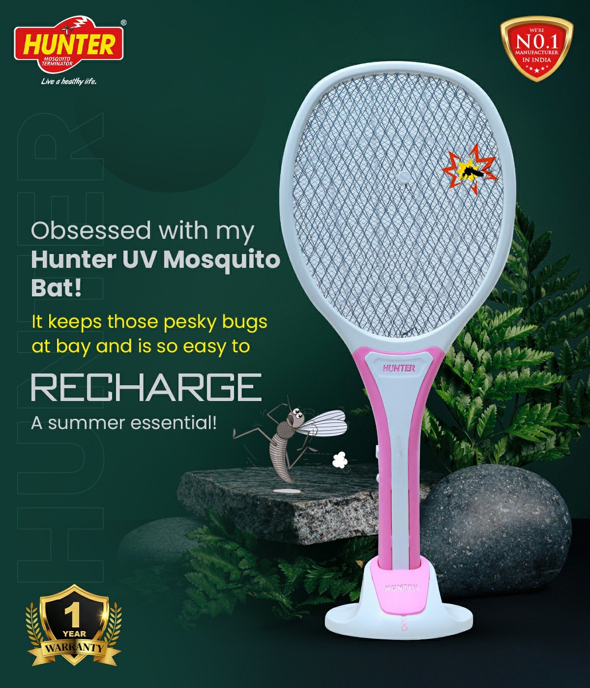 Hunter Pro-Premium Rechargeable Mosquito Bat (Pink with White)